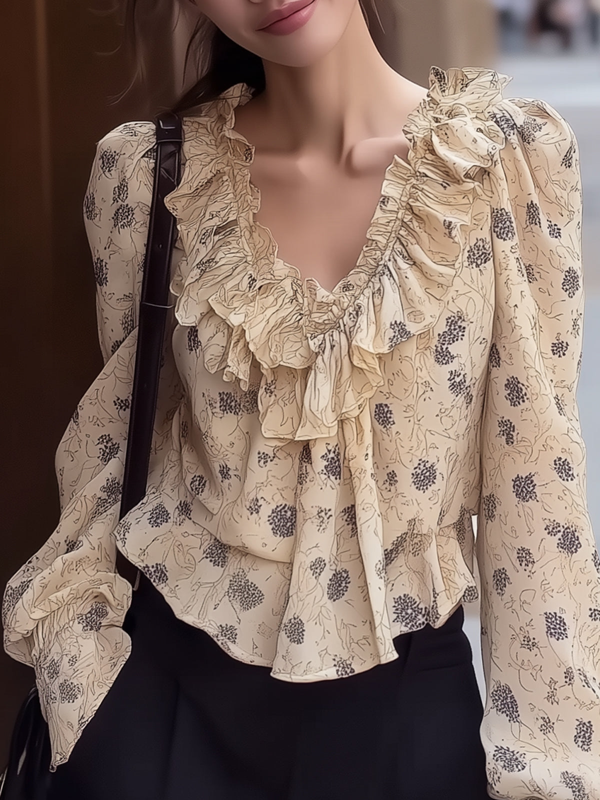 V-Neck Floral Chiffon Blouse with Elegant Ruffle Details