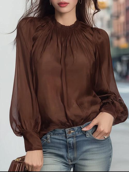 Stand-Collar Satin Blouse with Sheer Chiffon Sleeves