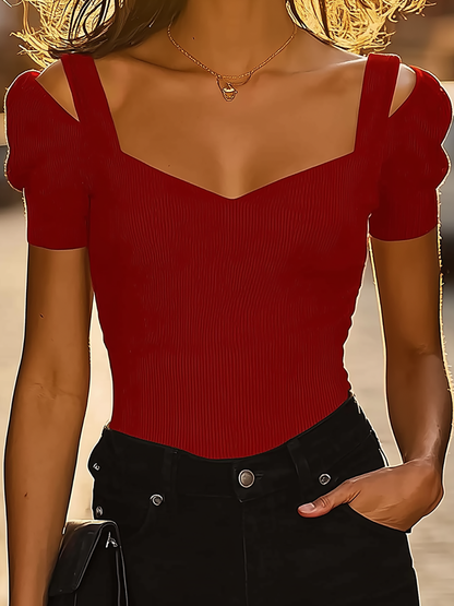 Red Sweetheart Neck Top - Cold Shoulder Ribbed Fit