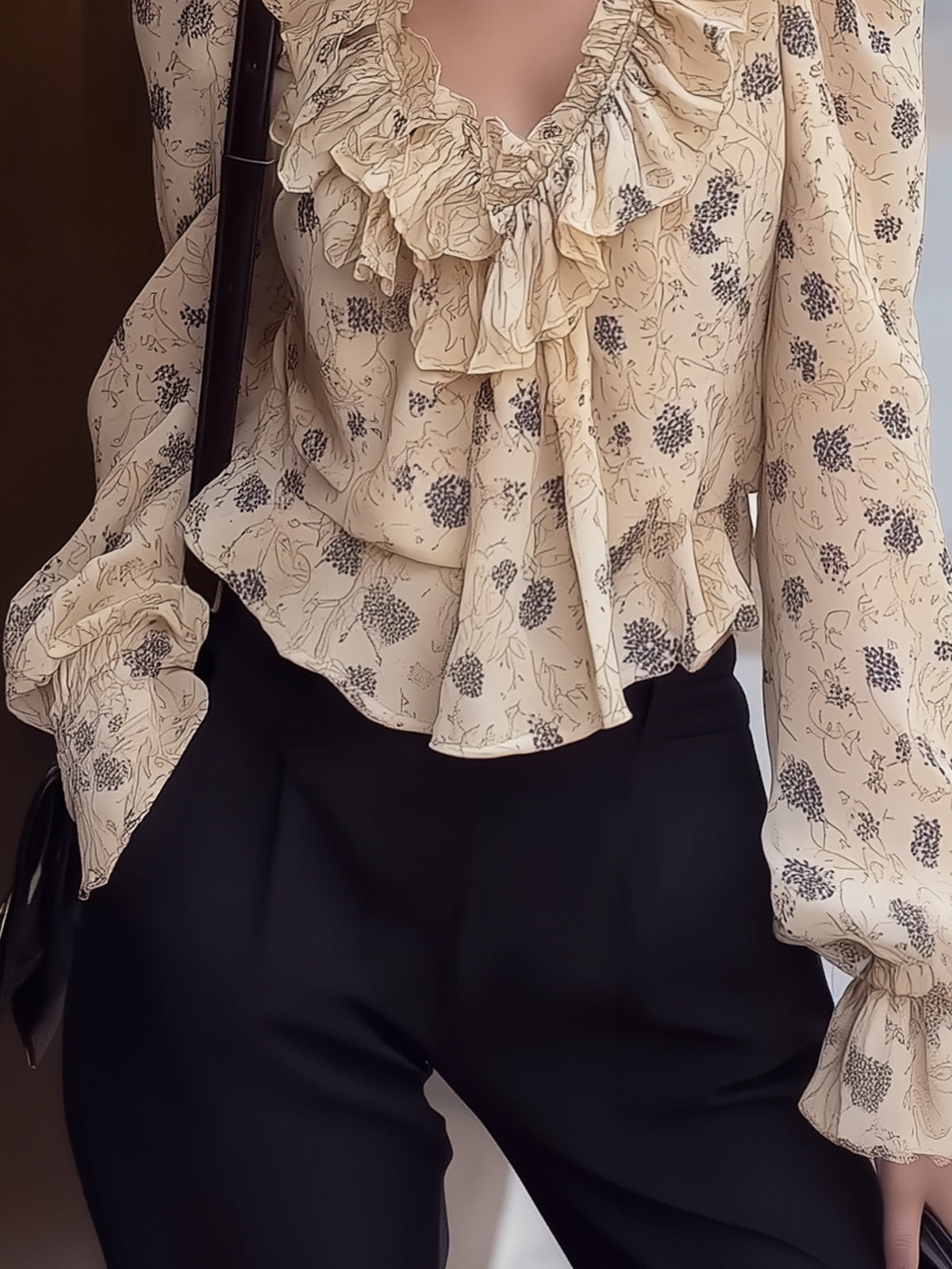 V-Neck Floral Chiffon Blouse with Elegant Ruffle Details