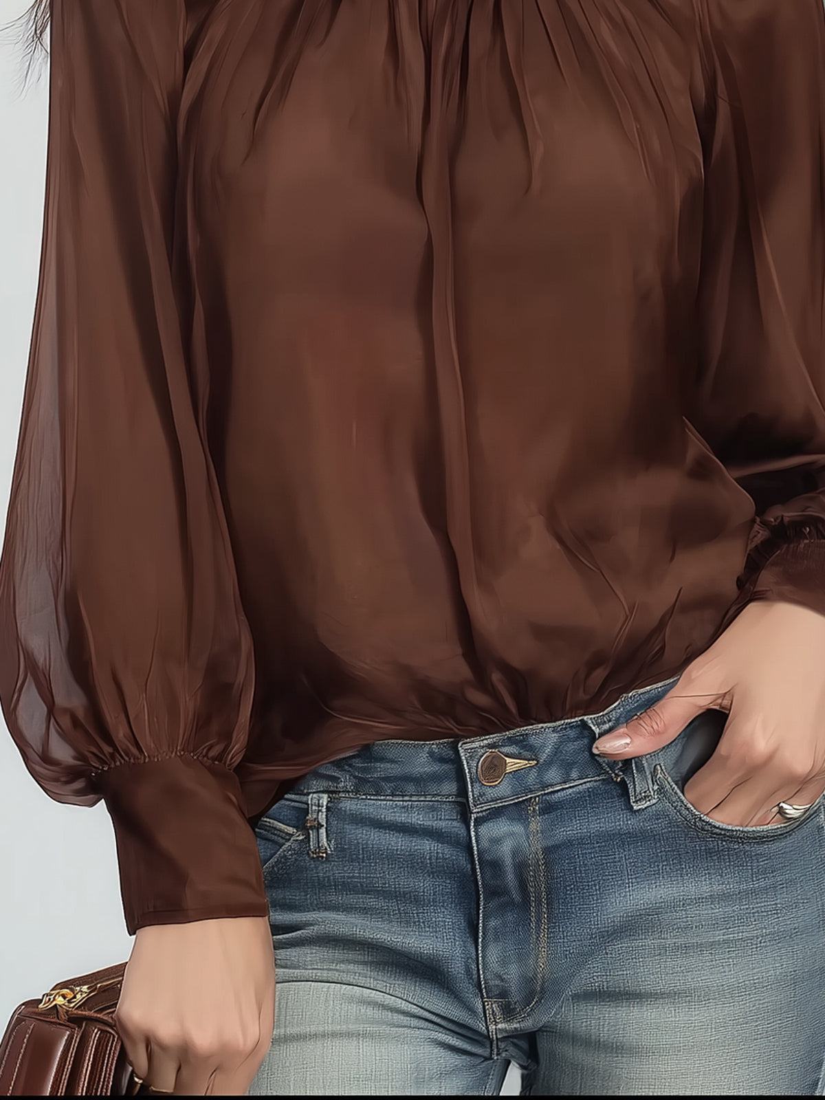 Stand-Collar Satin Blouse with Sheer Chiffon Sleeves