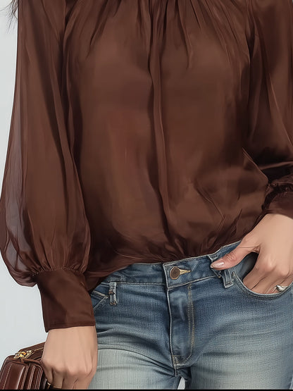 Stand-Collar Satin Blouse with Sheer Chiffon Sleeves