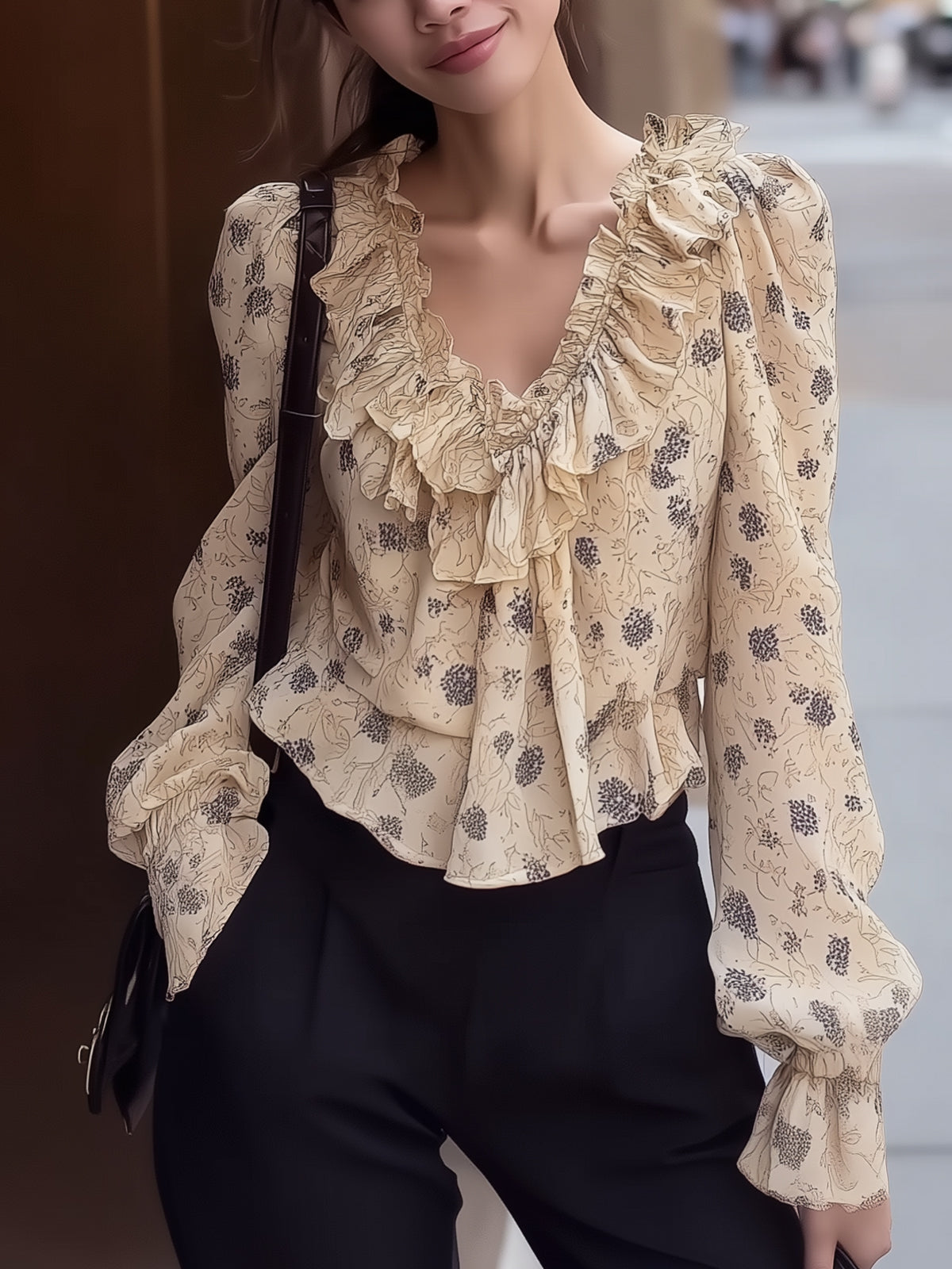 V-Neck Floral Chiffon Blouse with Elegant Ruffle Details