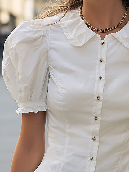White Peter Pan Collar Blouse - Elegant Puff Sleeve Fit
