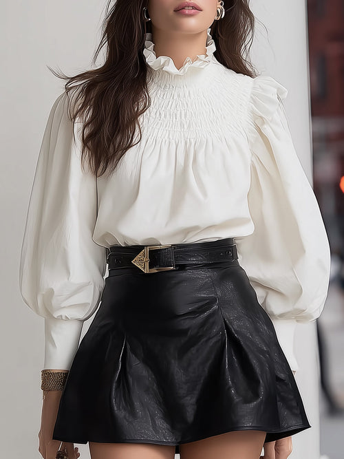 Vintage White Shirt - Stand Collar & Pleated Puff Sleeves