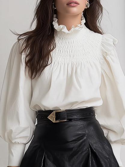 Vintage White Shirt - Stand Collar & Pleated Puff Sleeves