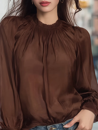Stand-Collar Satin Blouse with Sheer Chiffon Sleeves