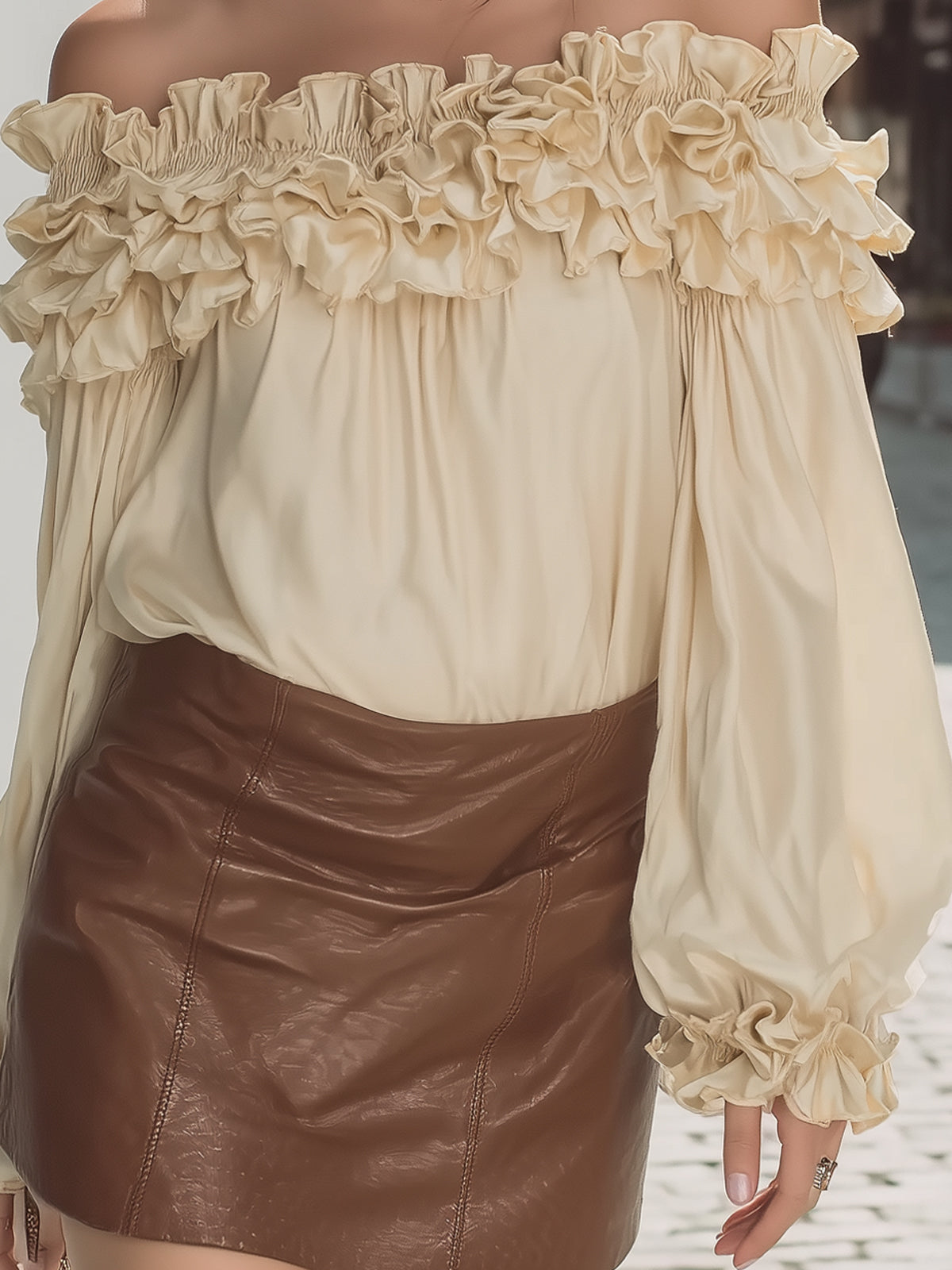 Vintage Off-Shoulder Satin Top - Ruffle Trim & Puff Sleeve