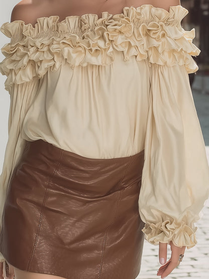 Vintage Off-Shoulder Satin Top - Ruffle Trim & Puff Sleeve