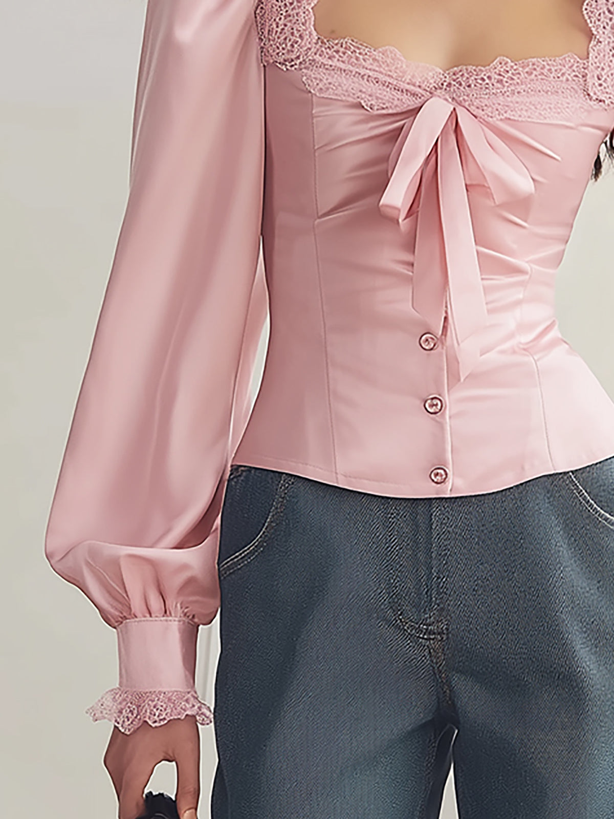 Blush Satin Blouse with Elegant Lace Trim - V-Neck Style