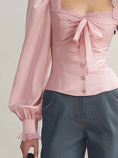 Blush Satin Blouse with Elegant Lace Trim - V-Neck Style