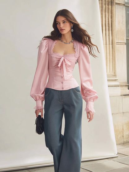 Blush Satin Blouse with Elegant Lace Trim - V-Neck Style
