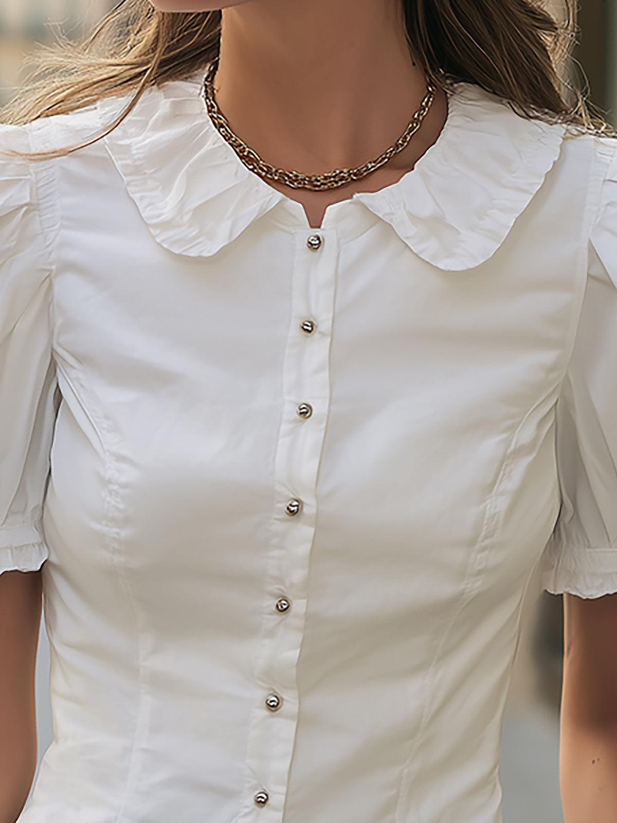 White Peter Pan Collar Blouse - Elegant Puff Sleeve Fit