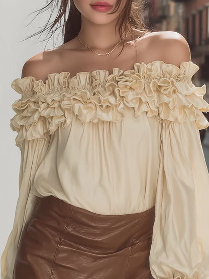 Vintage Off-Shoulder Satin Top - Ruffle Trim & Puff Sleeve